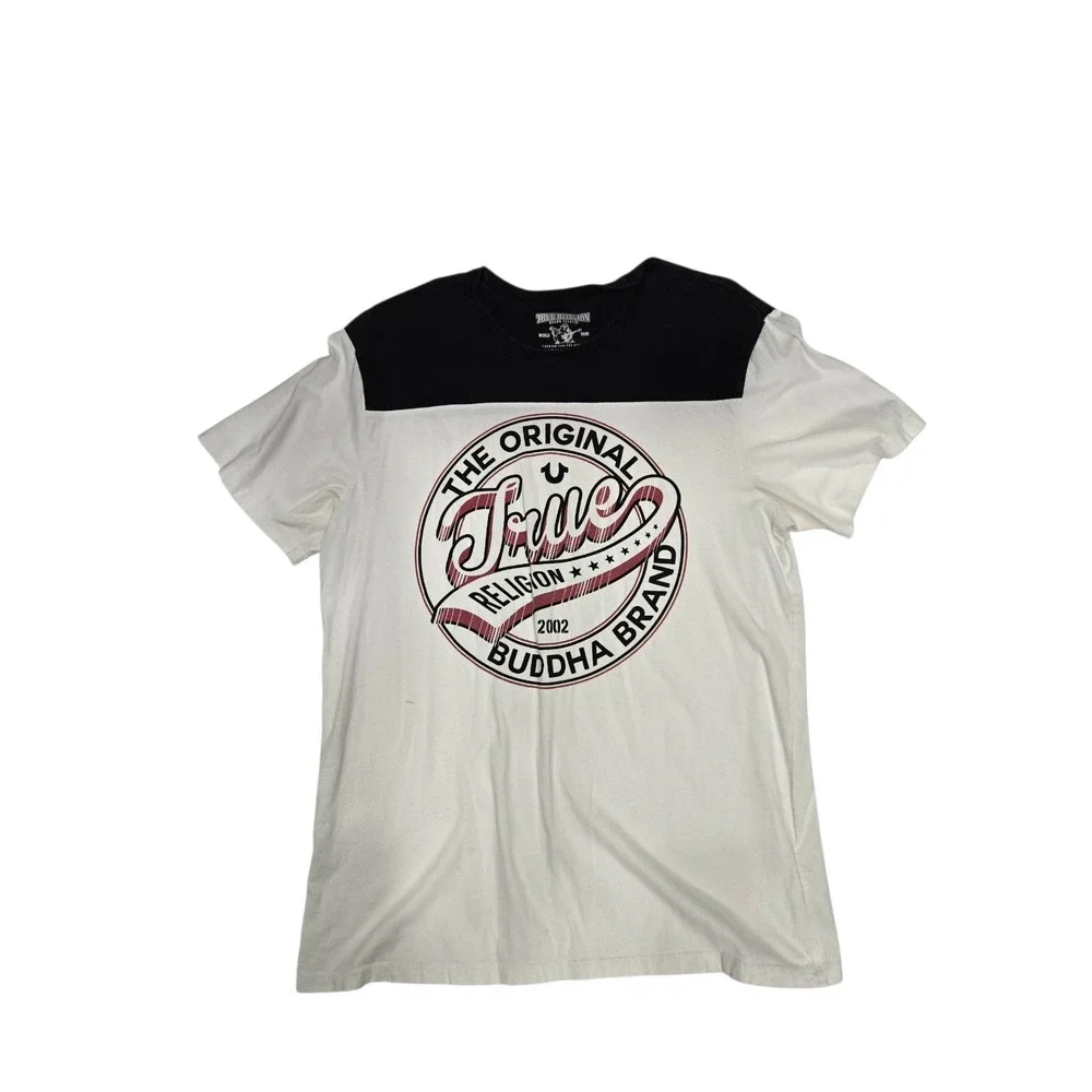 True Religion Men's Graphic T-Shirt Buddha Logo Colorblock Black White Size L